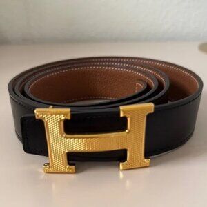 Men’s Hermes Reversible Leather Belt with Gold Plated Logo Buckle